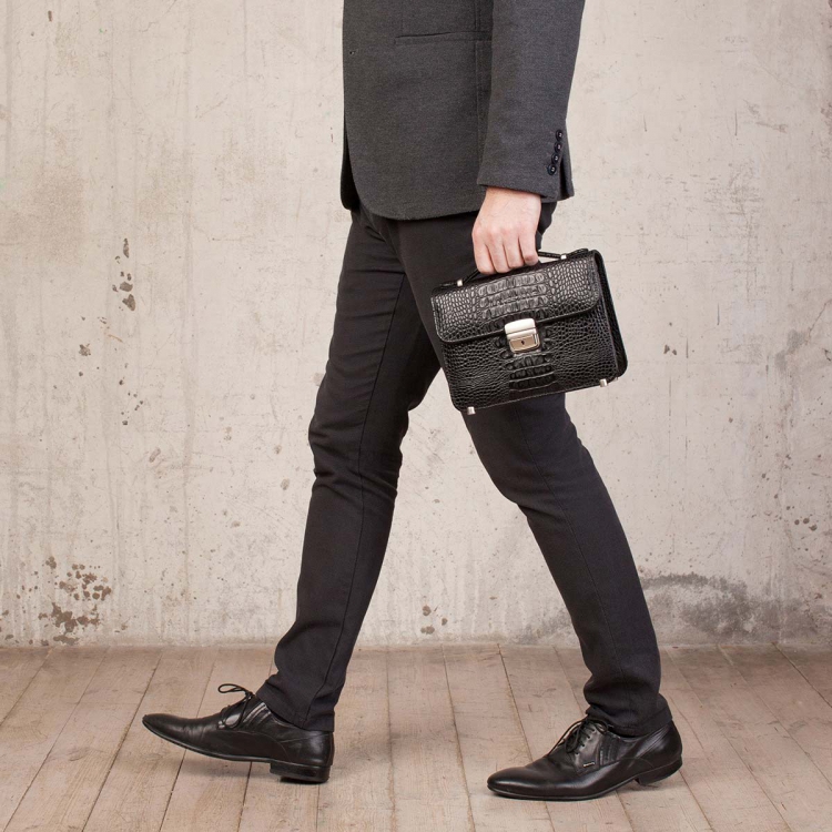 Барсетка мужская из кожи под рептилию Foxcote Black Caiman
