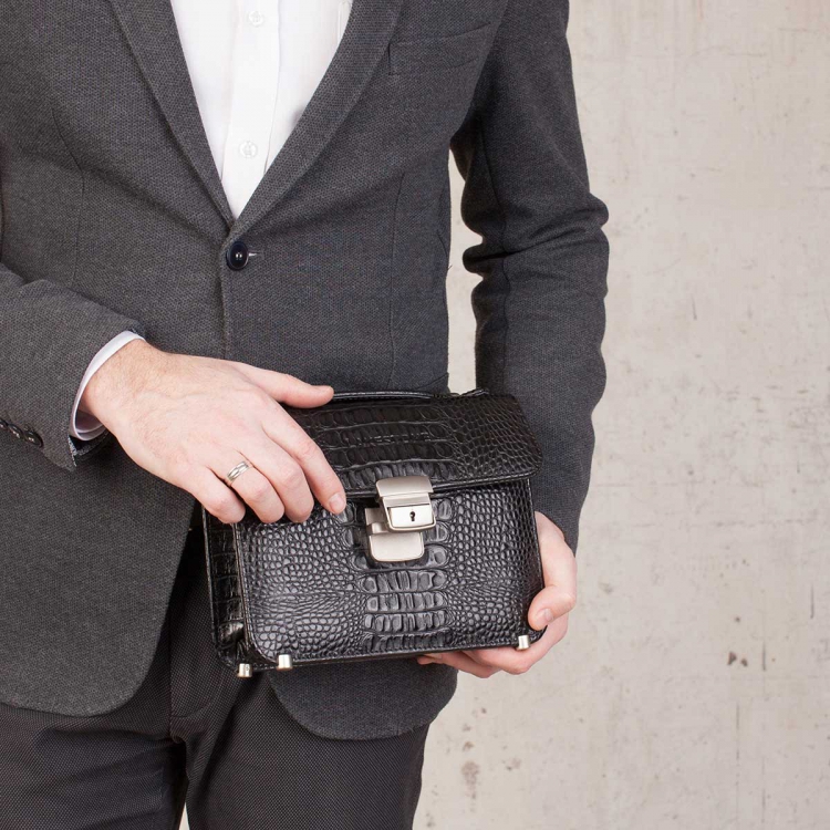 Барсетка мужская из кожи под рептилию Foxcote Black Caiman