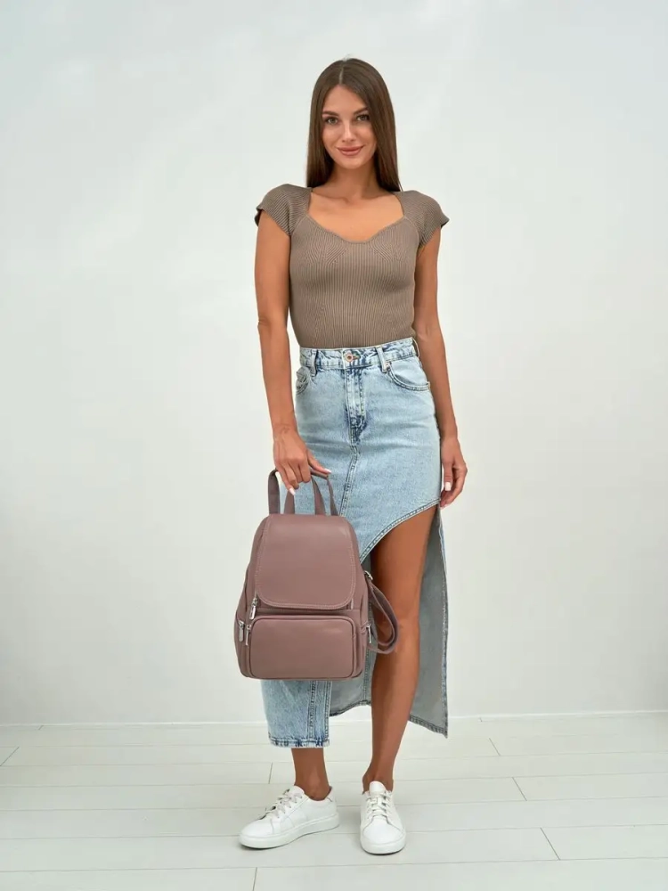 Женский кожаный городской рюкзак PR розовый 1029