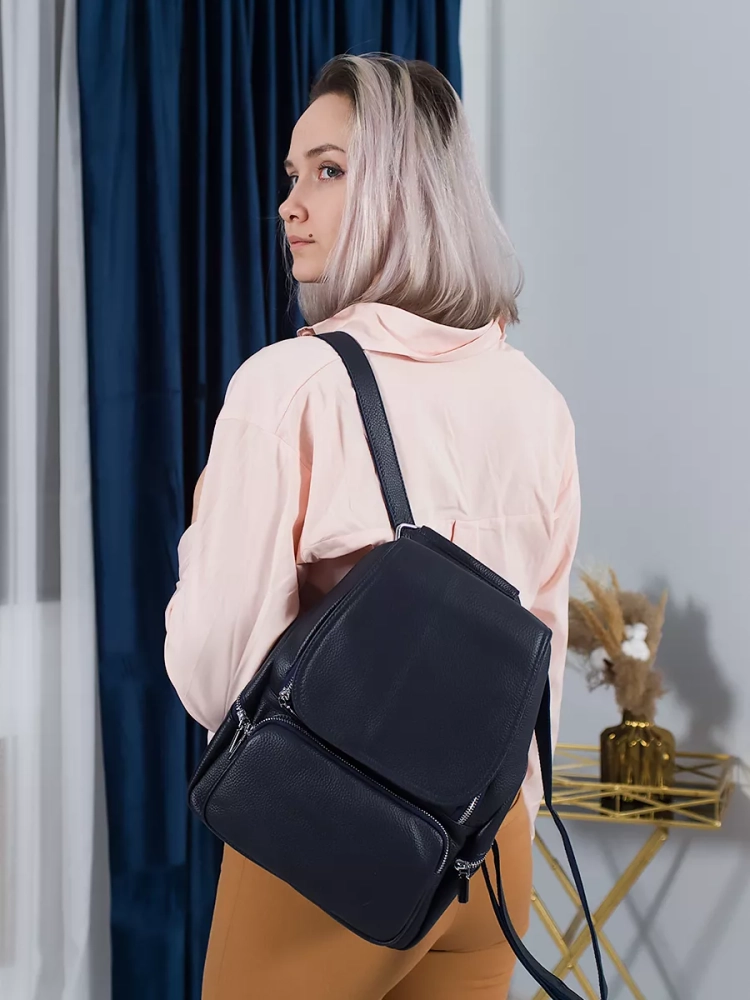 Женский кожаный городской рюкзак PR синий 1029